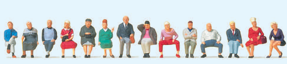 Sitzende Reisende. 14 Figuren