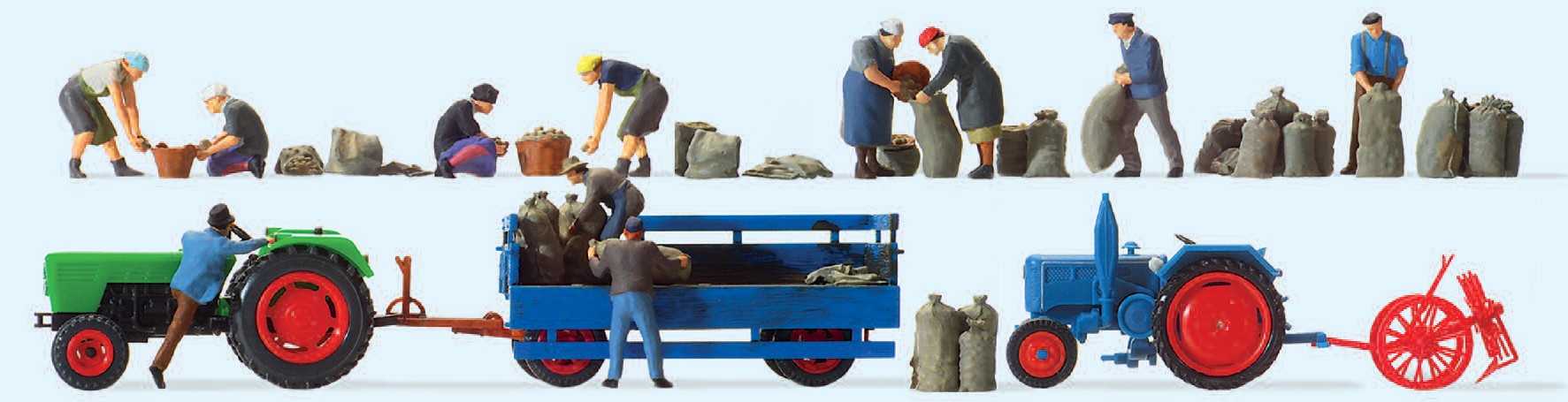 Kartoffelernte. 11 exklusiv bemalte Miniaturfiguren, Ackerschlepper DEUTZ D 6206 mit Anhänger, Ackerschlepper LANZ D 2416 mit Kartoffelroder. Zubehör