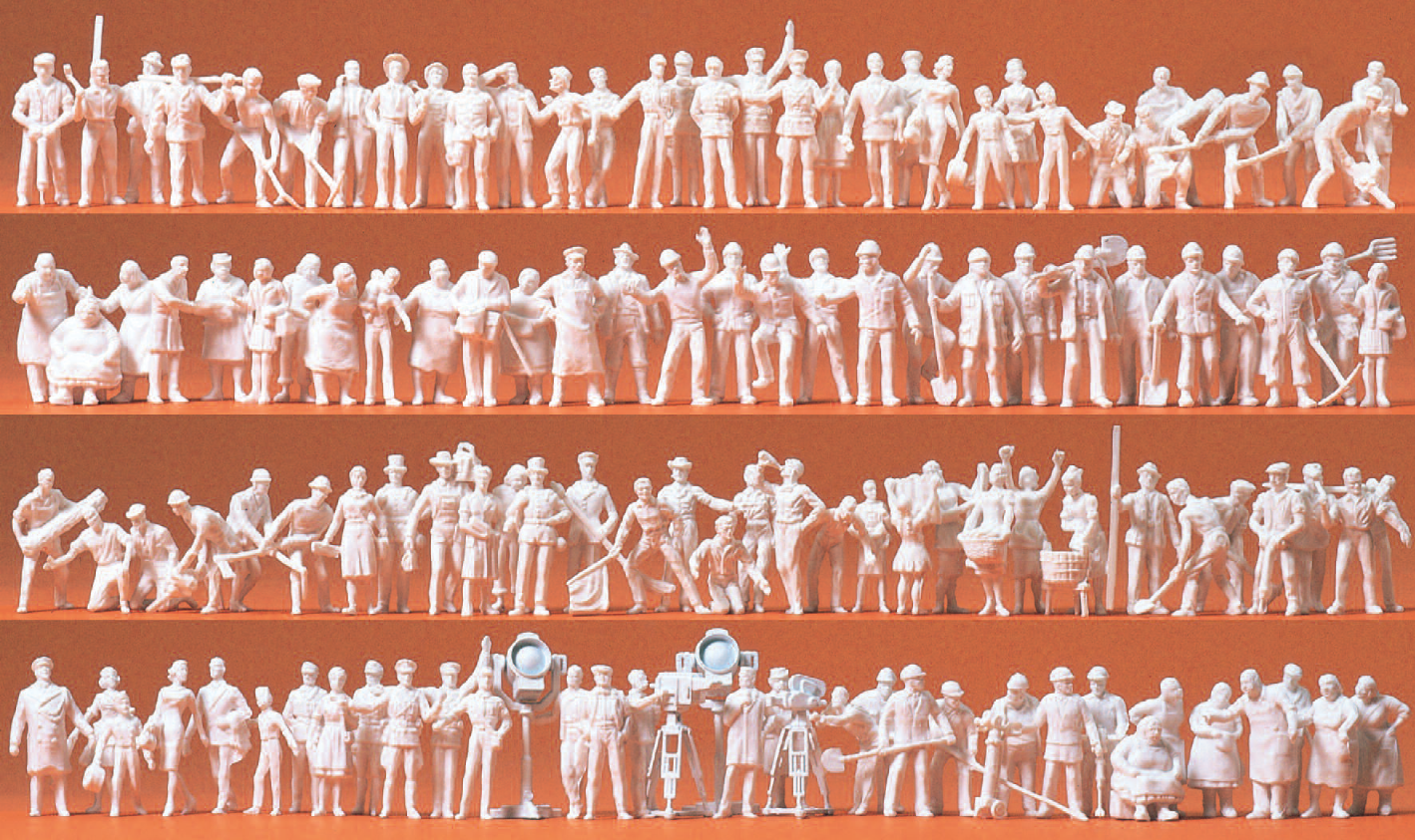 Bahnpersonal und Reisende. 120 unbemalte Miniaturfiguren. Bausatz