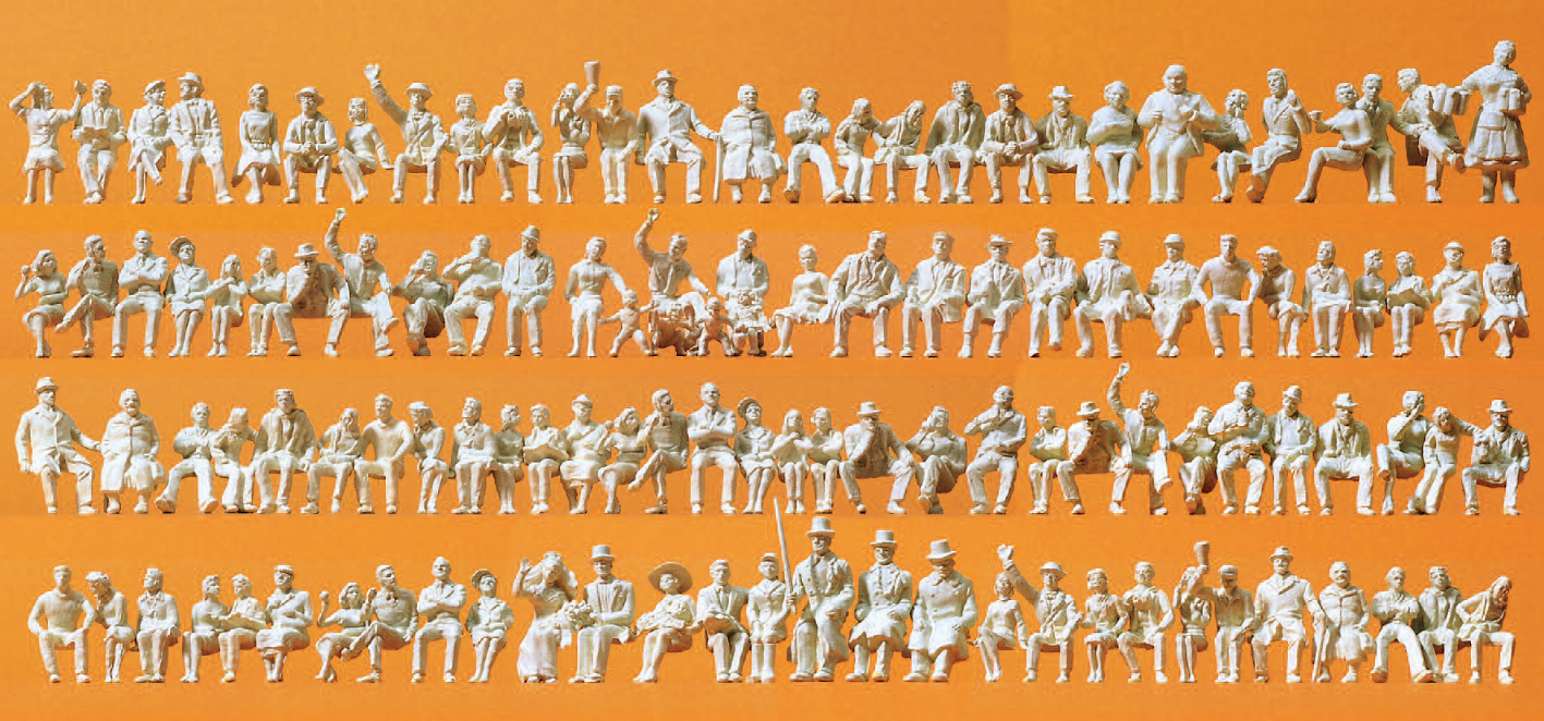 Sitzende Personen. 120 unbemalte Miniaturfiguren. Bausatz
