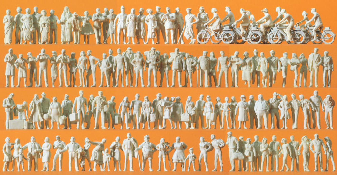 Reisende und Passanten. 120 unbemalte Miniaturfiguren. Bausatz