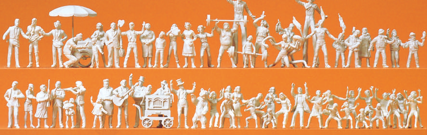 Volksfestbesucher. Schausteller. 60 unbemalte Miniaturfiguren. Bausatz