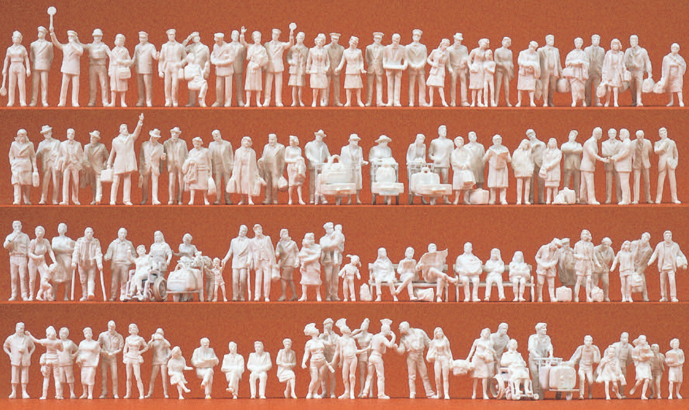 Am Bahnhof. 120 unbemalte Miniaturfiguren. Zubehör. Bausatz