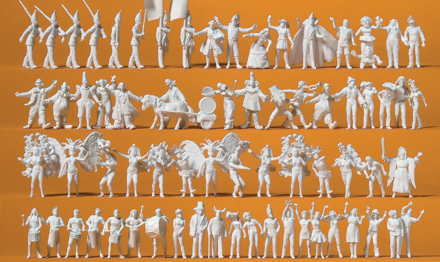 Fasching, Fastnacht, Karneval. 68 unbemalte Miniaturfiguren. Bausatz