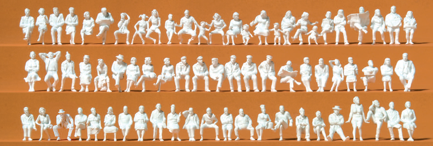 Sitzende Personen. 72 unbemalte Miniaturfiguren. Bausatz