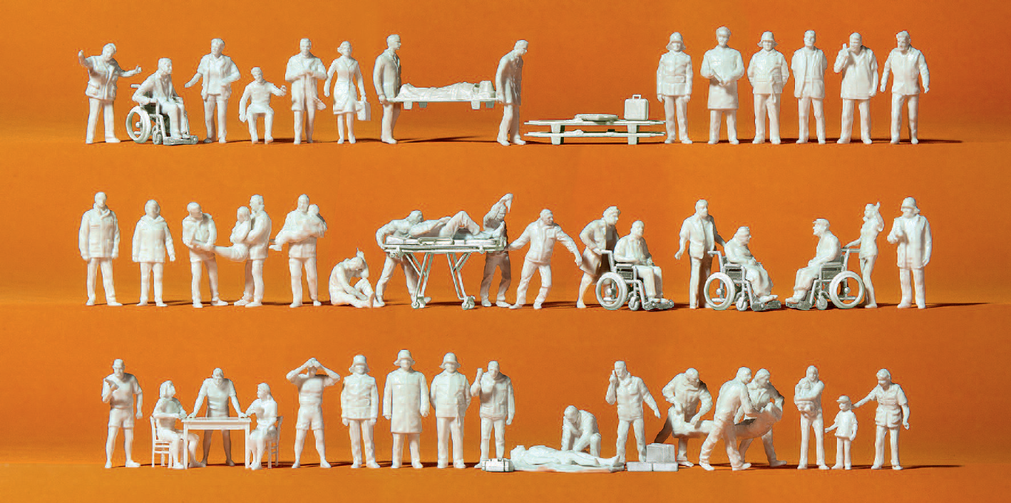 Rettungsdienst. 52 unbemalte Miniaturfiguren. Zubehör. Bausatz