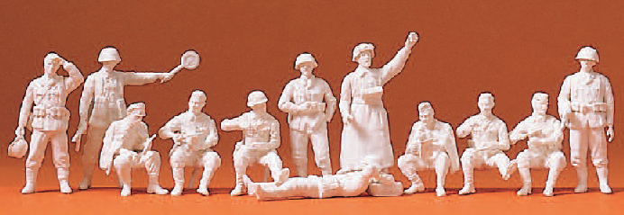 Rastende Infanterie. Feldgendarmen. Deutsches Reich 1939-45. 12 unbemalte Miniaturfiguren. Mit Zubehör. Bausatz