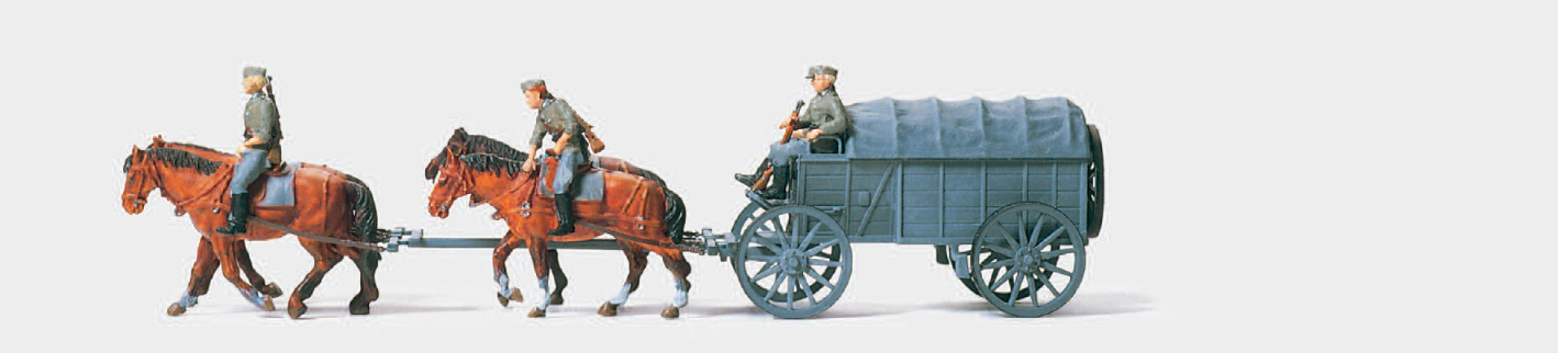 Schwere Heeresfeldwagen Hf. 2. Deutsches Reich 1939-45. 5 unbemalte Miniaturfiguren, 6 unbemalte Pferde. Mit Zubehör. Bausatz