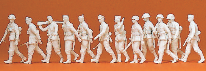 Vorgehende Infanterie. Deutsches Reich 1939-45. 12 unbemalte Miniaturfiguren. Mit Zubehör. Bausatz