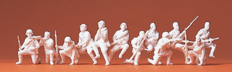 Mot. Schützen, aufgesessen. UdSSR 1942. 12 unbemalte Miniaturfiguren. Bausatz
