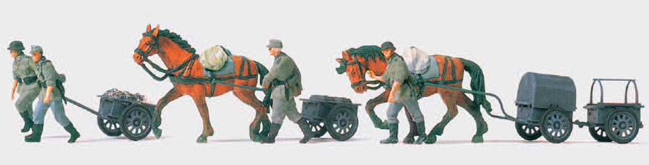 4 Infanteriekarren lf 8. Hand- und Pferdezug. Deutsches Reich 1939-45. 4 unbemalte Miniaturfiguren, 2 unbemalte Pferde. Mit Zubehör. Bausatz