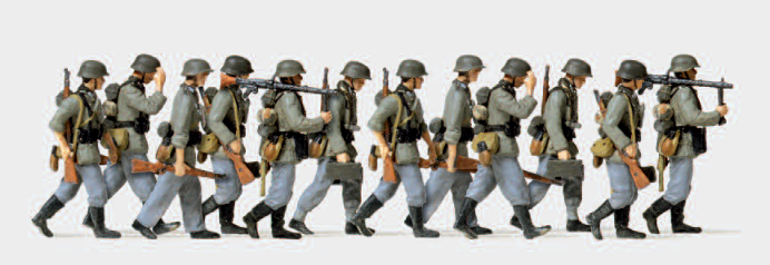 Vorgehende Grenadiere mit MG. Deutsches Reich 1939-45. 12 unbemalte Miniaturfiguren. Zubehör. Bausatz