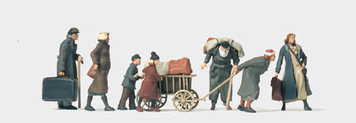 Flüchtlinge. 7 unbemalte Miniaturfiguren. Zubehör. Bausatz