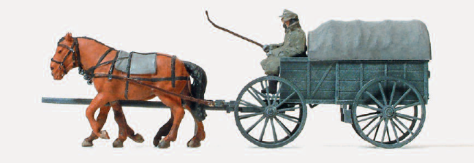 Leichter Heeresfeldwagen Hf 1, bespannt. Deutsches Reich 1939-45. 2 unbemalte Miniaturfiguren. 2 unbemalte Pferde. Mit Zubehör. Bausatz