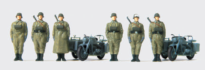 Kradschützen stehend. Motorrad Zündapp KS 750. Deutsches Reich 1939-45. 6 unbemalte Miniaturfiguren. 2 Motorräder mit Beiwagen. Bausatz