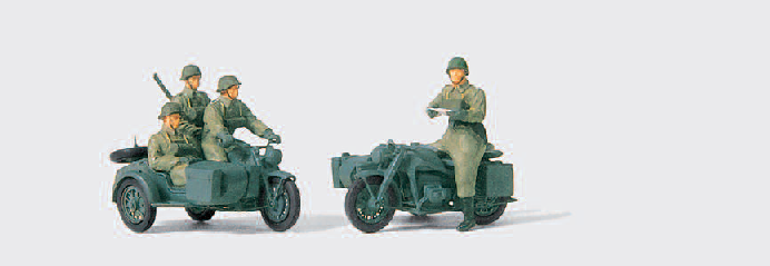 Kradschützen aufgesessen. Motorrad Zündapp KS 750. Deutsches Reich 1939-45. 5 unbemalte Miniaturfiguren. 2 Motorräder mit Beiwagen. Bausatz