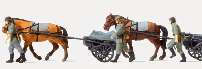 Gefechtskarren lf. 9. Deutsches Reich 1939-45. 3 unbemalte Miniaturfiguren. 2 unbemalte Pferde. Mit Zubehör. Bausatz