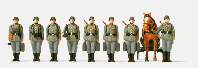 Granatwerfertrupp angetreten. Deutsches Reich 1939-45. 8 unbemalte Miniaturfiguren. 1 unbemaltes Pferd. Zubehör. Bausatz