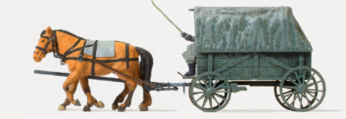 Ersatzfeldwagen Erfa, bespannt. Deutsche Reich 1939-45. 2 unbemalte Miniaturfiguren. 2 unbemalte Pferde. Mit Zubehör. Bausatz