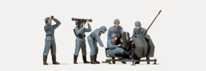 2 cm Flugabwehrkanone Flak 38 im Gefecht. Geschützbedienung. Luftwaffe. Deutsches Reich 1939-45. 6 unbemalte Miniaturfiguren. Bausatz
