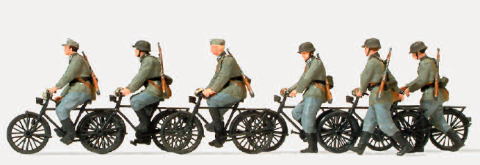 Radfahrtrupp fahrend und gehend. Deutsches Reich 1939-45. 6 unbemalte Miniaturfiguren. 6 unbemalte Fahrräder. Zubehör. Bausatz
