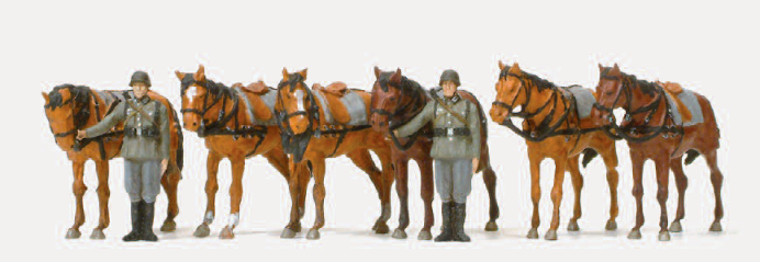 Stehende Zugpferde. Pferdehalter. Deutsches Reich 1939-45. 2 unbemalte Miniaturfiguren. 6 unbemalte Pferde. Bausatz