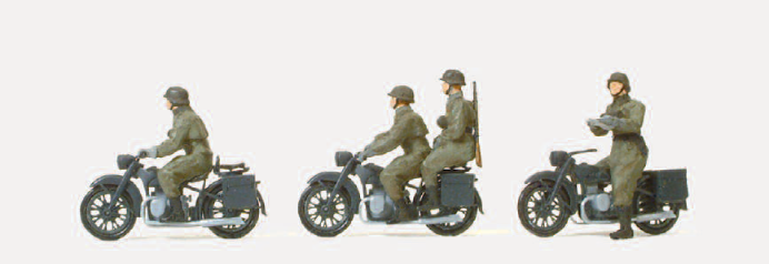 Kradschützen aufgesessen. Motorrad BMW R 12. Deutsches Reich 1939-45. 4 unbemalte Miniaturfiguren. 3 Motorräder. Bausatz