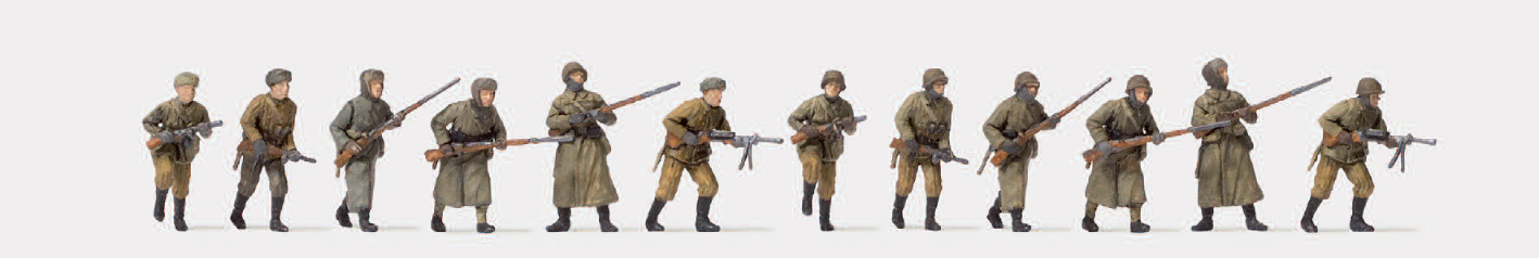 Angreifende Infanterie. Winteruniform. UdSSR 1941-1945. 12 unbemalte Miniaturfiguren. Bausatz