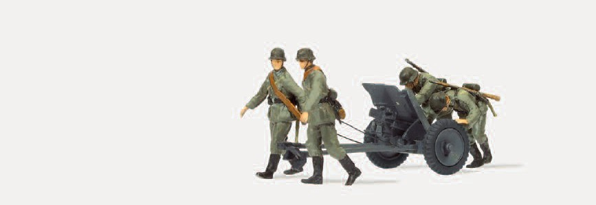 Panzerabwehrkanone 3,7 cm PAK L/45 beim Stellungswechsel. Deutsches Reich 1939-45. 4 unbemalte Miniaturfiguren. Bausatz