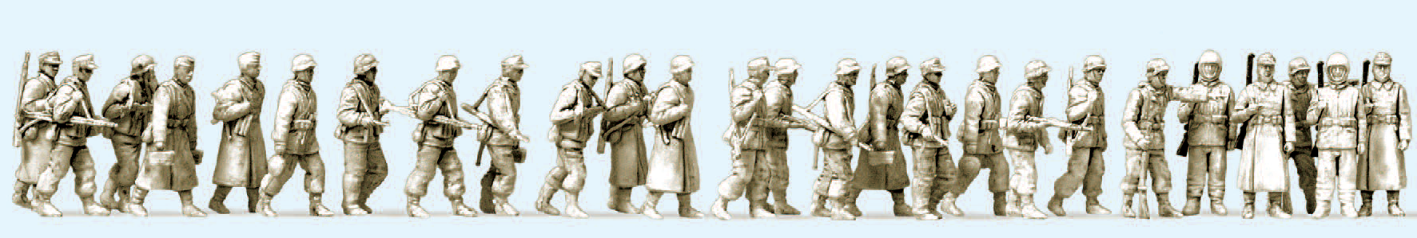 Infanterie gehend. Winteruniform. Deutsches Reich 1944-45. 26 unbemalte Miniaturfiguren. Bausatz