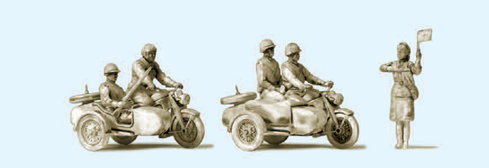 Kradfahrer UdSSR. Motorrad Zündapp KS 750. 5 unbemalte Miniaturfiguren. 2 Motorräder mit Beiwagen. Bausatz