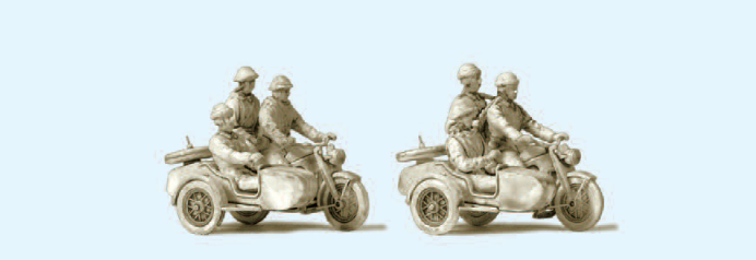 Kradfahrer NVA. DDR. Motorrad Zündapp KS 750. 6 unbemalte Miniaturfiguren. 2 Motorräder mit Beiwagen. Bausatz