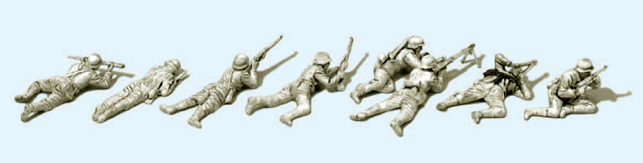Infanterie liegend, im Gefecht. Deutsches Reich 1939-45. 8 unbemalte Miniaturfiguren. Bausatz