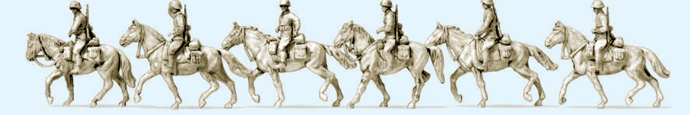 Kavallerie, aufgesessen. Deutsches Reich 1942-45. 6 unbemalte Miniaturfiguren. 6 unbemalte Pferde. Bausatz