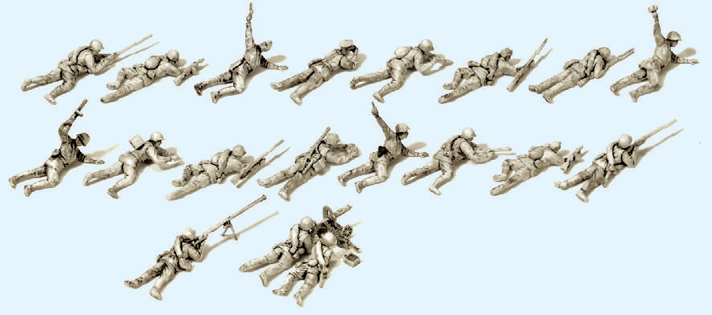 Infanterie liegend, im Gefecht. UdSSR 1943-45. 19 unbemalte Miniaturfiguren. Bausatz