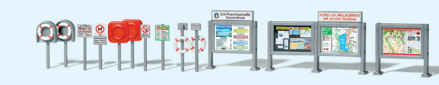Informations-Schaukästen, Rettungsringe, Fender, Schilder Badebetrieb. Bausatz