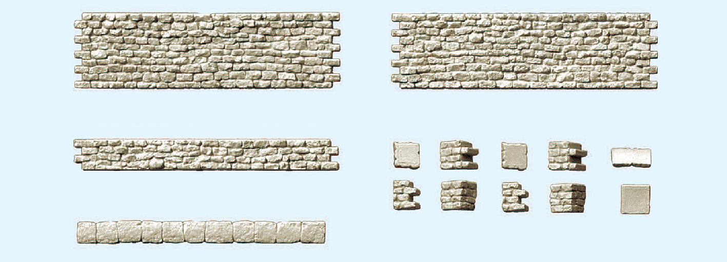 Bruchsteinmauer: 10 beidseitig strukturierte Mauerteile ca. 68 x 20 mm, 10 einseitig strukturierte Mauerteile ca. 68 x 20 mm, 10 beidseitig strukturierte Mauerteile ca. 68 x 8 mm, Zubehör. Kombinationsbausatz