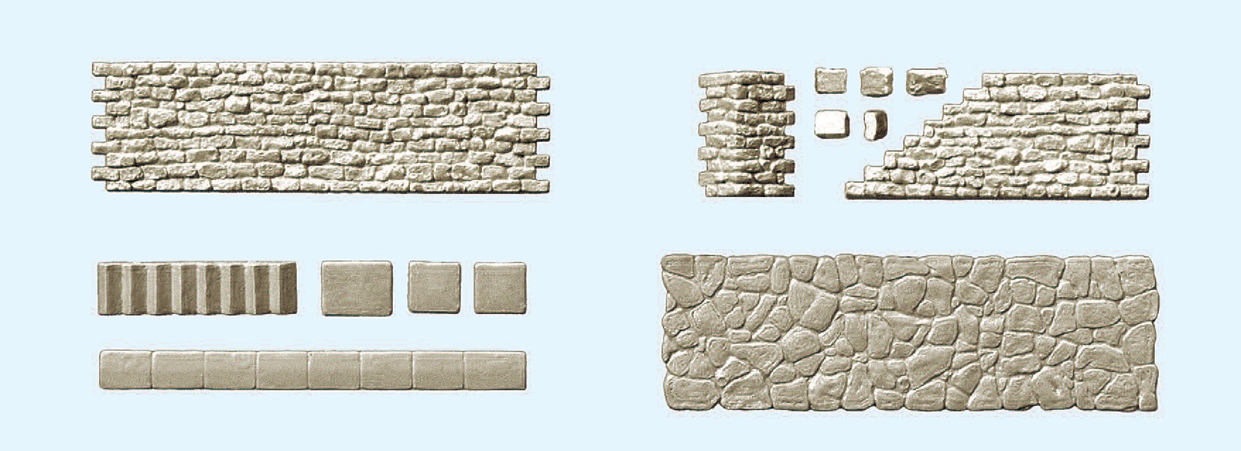 Gehweg und Bruchsteinmauer: 10 einseitig strukturierte Mauerteile ca. 68 x 20 mm, 10 einseitig strukturierte Mauerteile zu Treppe, 10 Treppenteile, 10 Gehwegteile ca. 75 x 24 mm. Zubehör. Kombinationsbausatz