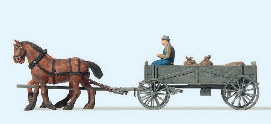 Kastenwagen. Bauer, 2 Pferde, Ladung. Fertigmodell.