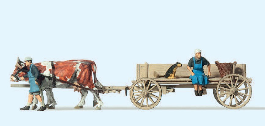 Bauernwagen. 2 Bauersleute. 2 Kühe. Hund. Fertigmodell