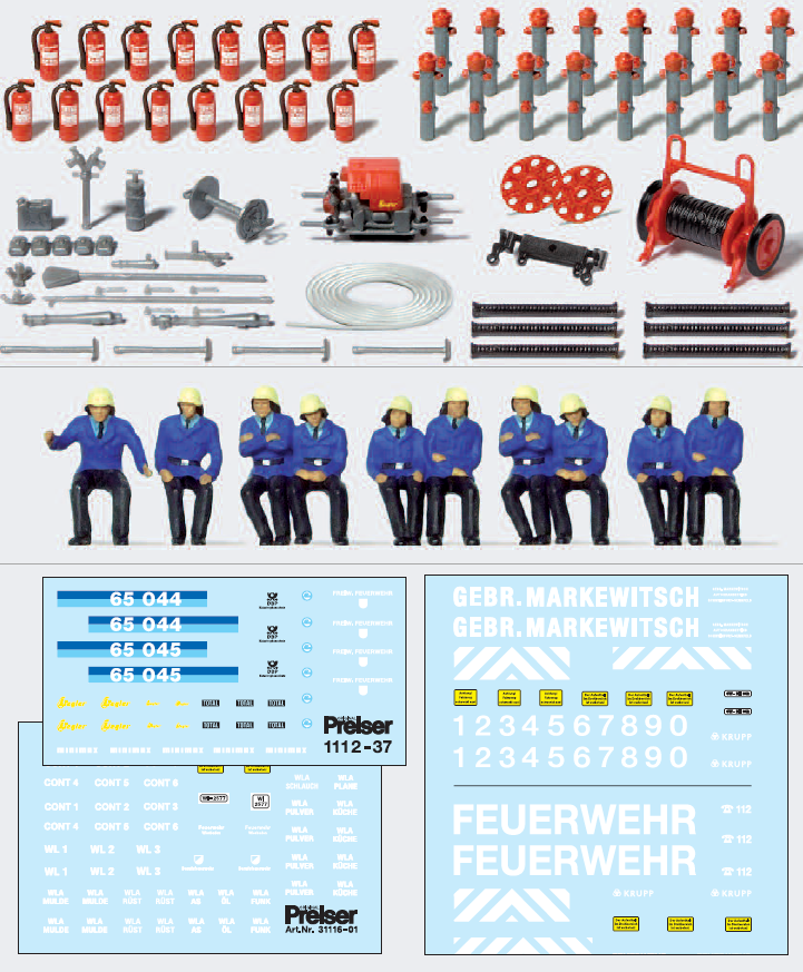 Feuerwehr-Set. Tragkraftspritze, Saugschläuche, Schlauchhaspel, Feuerlöscher. Bausatz