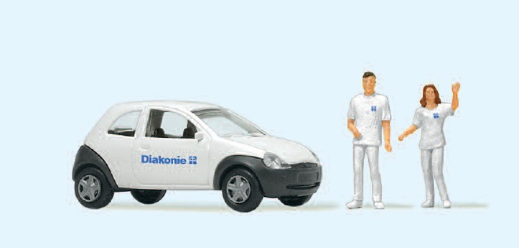Ambulanter Pflegedienst. 2 Miniaturfiguren, Fahrzeug. Fertigmodell