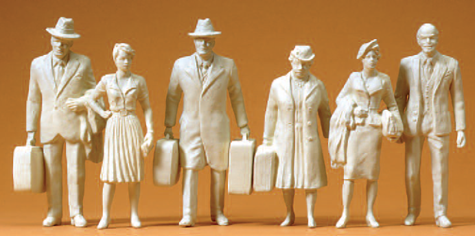 Reisende. 6 unbemalte Miniaturfiguren. Bausatz
