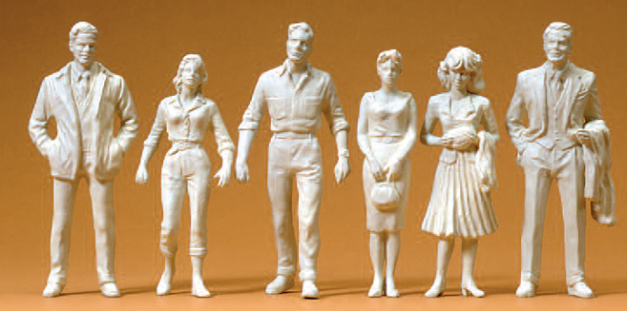 Passanten. 6 unbemalte Miniaturfiguren. Bausatz