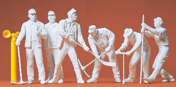 Gleisbauarbeiter. 6 unbemalte Miniaturfiguren. Mit Zubehör. Bausatz