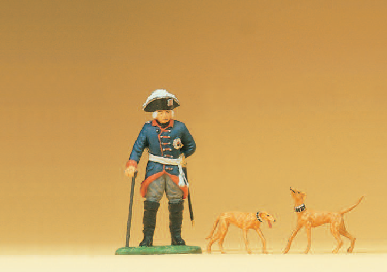 Friedrich II. von Preußen stehend, mit 2 Windspielen