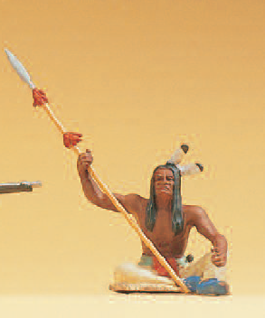 Indianer sitzend, mit Speer