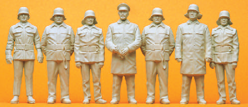 Feuerwehrmänner. Bundesrepublik Deutschland. Um 1985. 7 unbemalte Miniaturfiguren. Bausatz