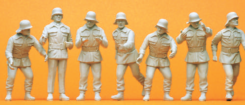 Feuerwehrmänner im Einsatz. Bundesrepublik Deutschland. Um 1985. 7 unbemalte Miniaturfiguren. Bausatz