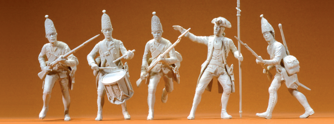 Preußen 1756. Offizier und Mannschaft, stürmend. 5 unbemalt Miniaturfiguren. Bausatz